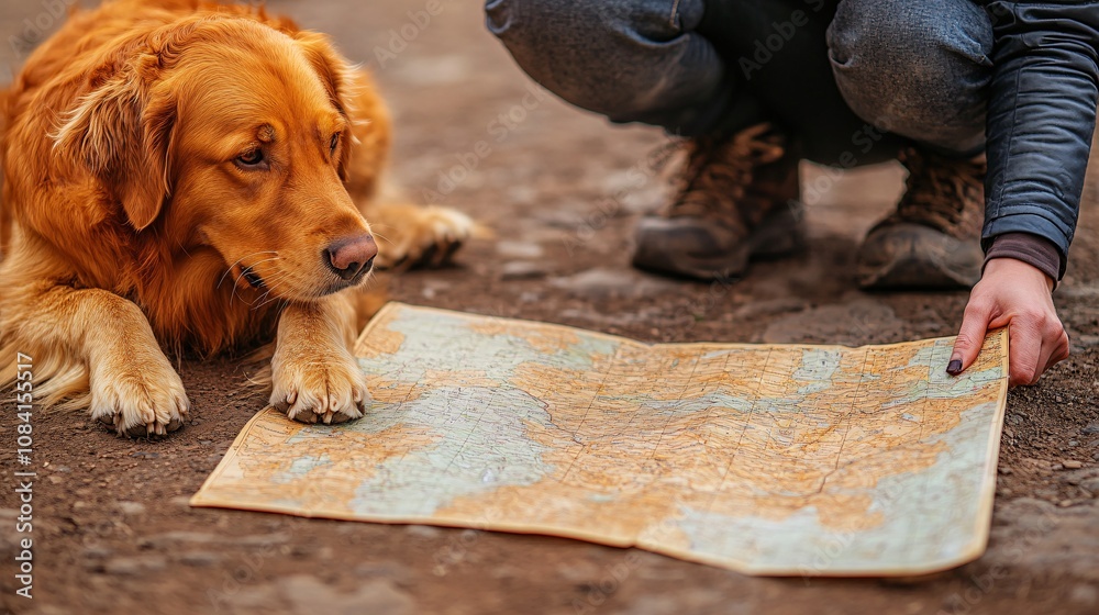 Poster golden retriever with paws on a map placed on the ground as owner plans hiking route for a pet trave