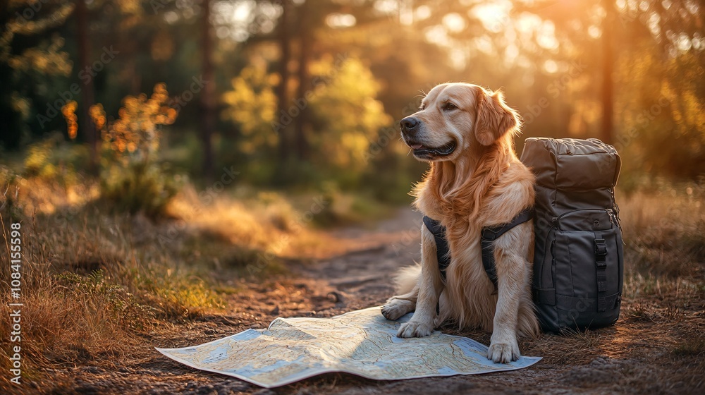 Poster golden retriever with paws on a map placed on the ground as owner plans hiking route for a pet trave