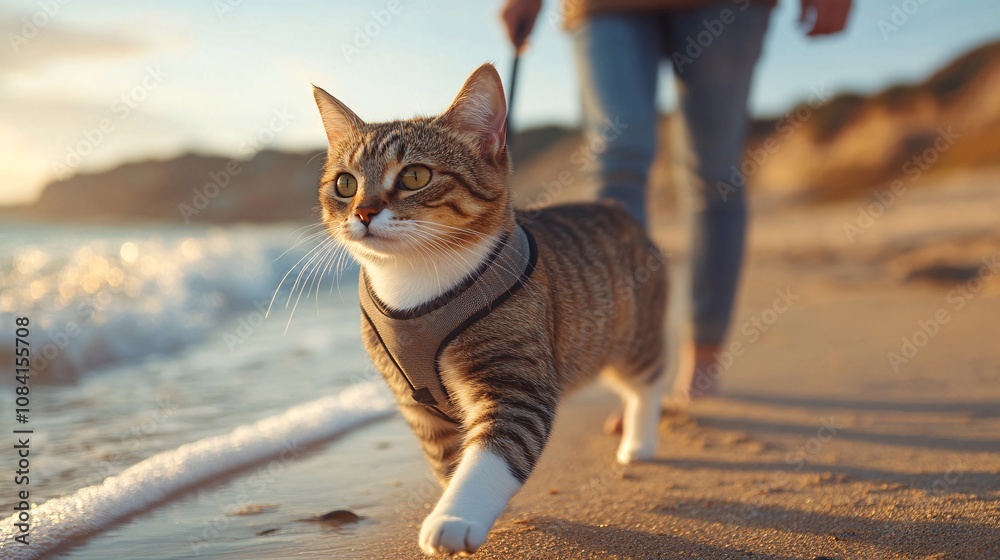 Poster cat wearing a tiny harness exploring a beach as waves come in and owner walks nearby in an outdoor p