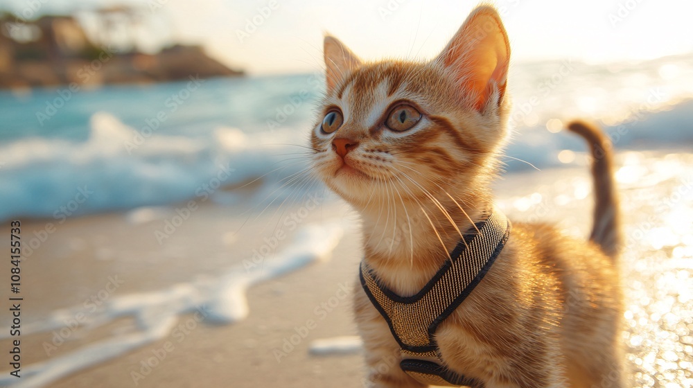 Poster cat wearing a tiny harness exploring a beach as waves come in and owner walks nearby in an outdoor p