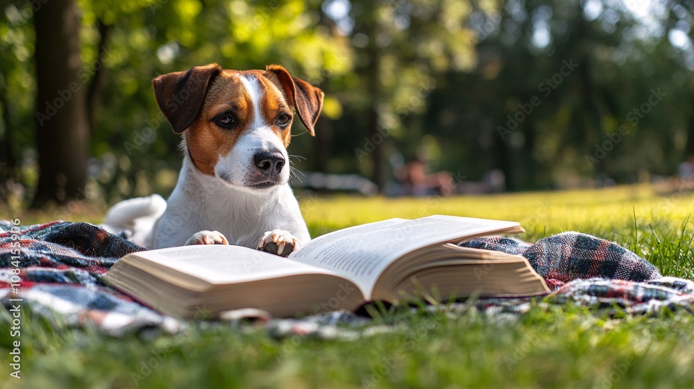 Poster dog with paws on an open book during a picnic with owner nearby on a sunny day capturing playful pet