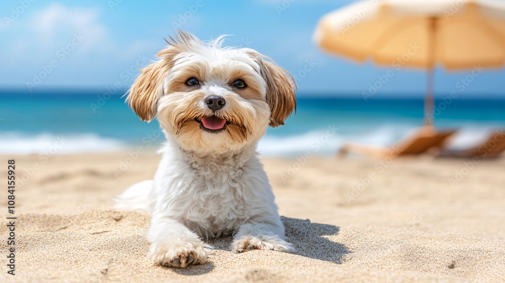 Poster Small dog watching ocean waves from the shore while owner sets up a beach umbrella in a seaside pet tourism scene with side empty space for text Stockphoto style