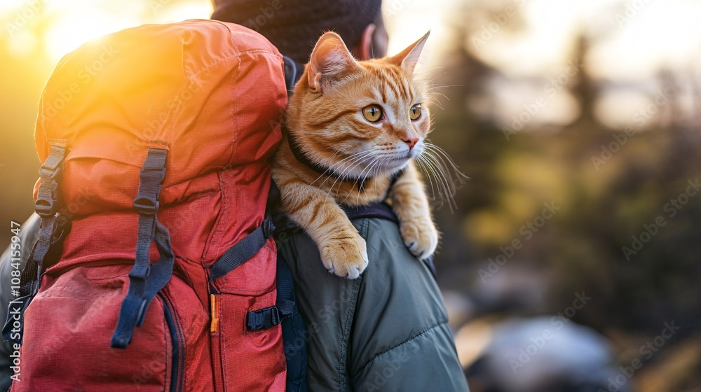 Aufkleber Cat perched on owners shoulder while walking through colorful autumn leaves in pet-friendly travel experience with side empty space for text Stockphoto style