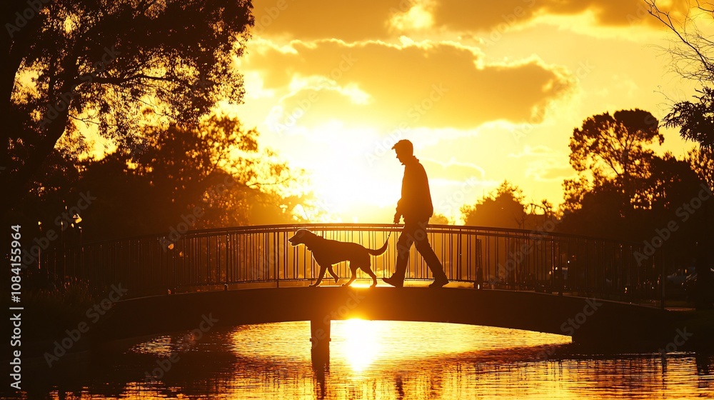 Leinwandbilder owner and dog walking across a scenic bridge over a river with sun setting in the background creatin