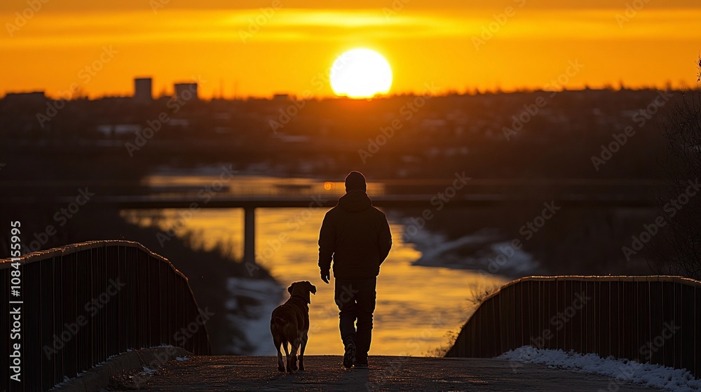 Poster Owner and dog walking across a scenic bridge over a river with sun setting in the background creating a tranquil pet-friendly travel moment with side empty space for text Stockphoto style