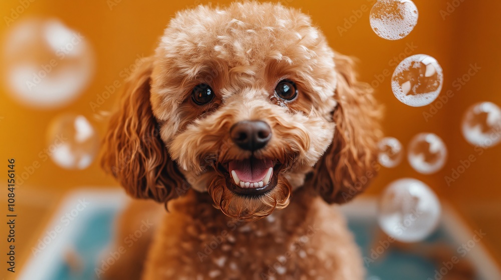 Poster dog groomer smiling while washing a fluffy poodle with foamy bubbles creating a welcoming pet groomi