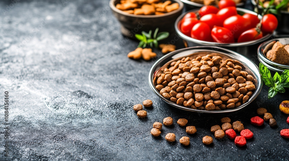 Poster brightly packaged pet food displayed on a clean surface with bowls and treats emphasizing quality pe