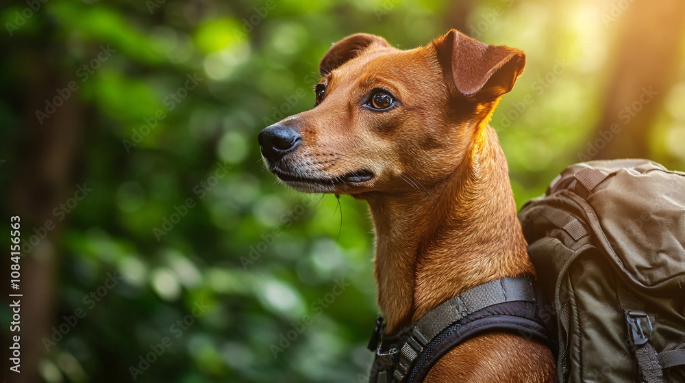 Poster playful dog in a backpack looking out as owner hikes through a lush forest capturing a shared travel
