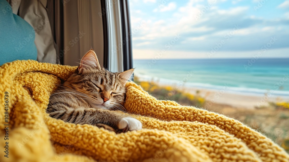 Poster cute cat resting on cozy blanket in camper van looking out at ocean view showcasing the pet tourism 