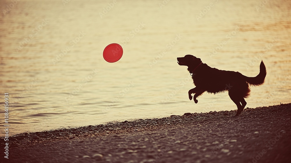 Aufkleber small dog running along sandy beach near the water while owner throws a frisbee in a playful travel 