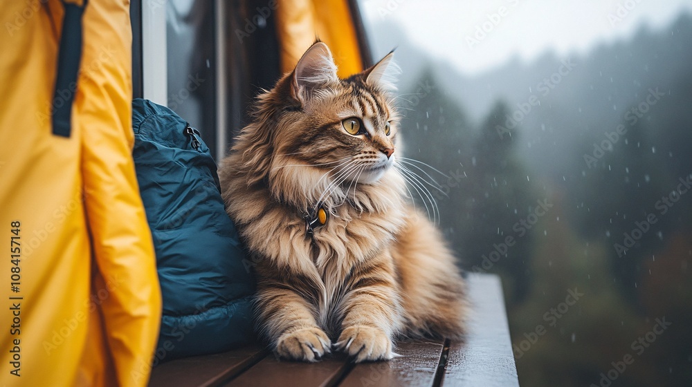 Aufkleber fluffy cat relaxing on a scenic cabin porch while owner sets up camping gear nearby in pet-friendly 
