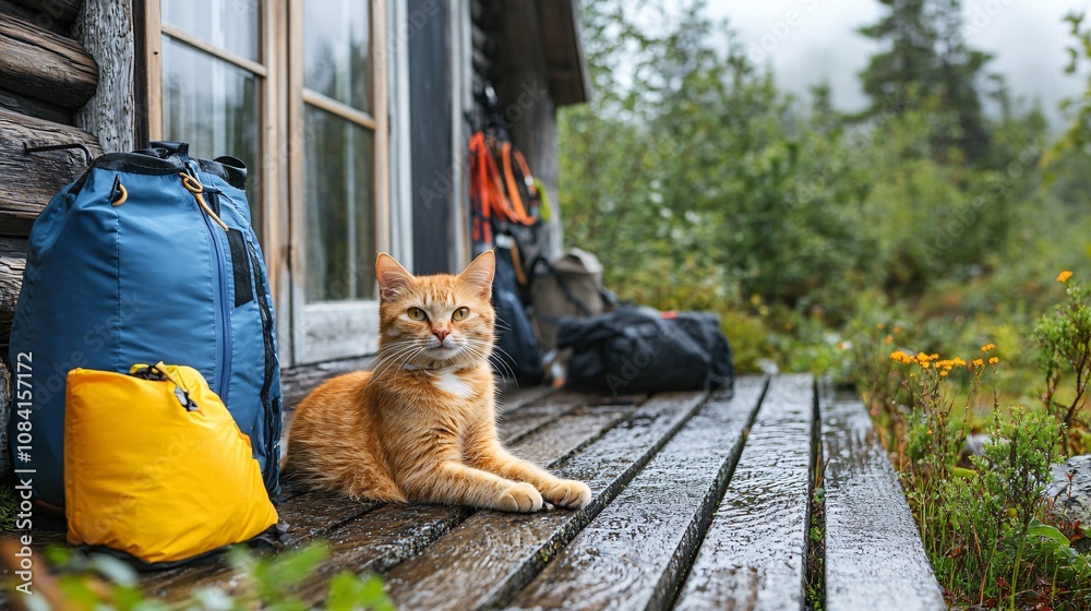 Aufkleber fluffy cat relaxing on a scenic cabin porch while owner sets up camping gear nearby in pet-friendly 