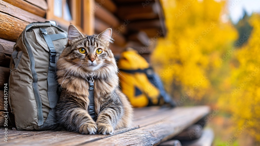 Poster fluffy cat relaxing on a scenic cabin porch while owner sets up camping gear nearby in pet-friendly 