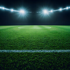 Obraz premium A dimly lit football field under bright stadium lights, showcasing a lush green playing surface, ready for an evening match.