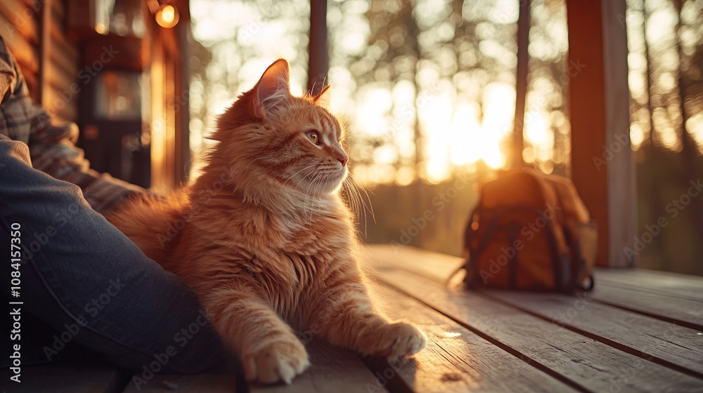Aufkleber fluffy cat relaxing on a scenic cabin porch while owner sets up camping gear nearby in pet-friendly 