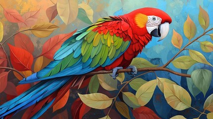 Obraz premium A vibrant parrot perches on a leafy branch against a blue sky