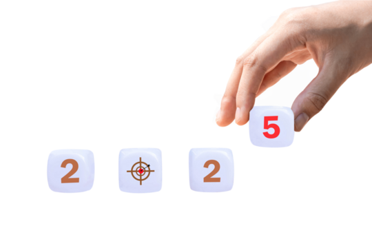 Step into 2025 on white cube blocks to prepare for new year changes and start new business goal strategy ideas.
