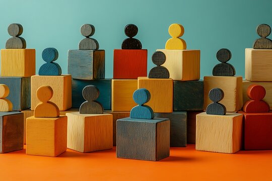 Colorful Wooden Block Figures Representing Team Unity and Success