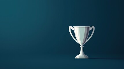   A white trophy cup atop a blue table beside a blue wall with a shadow cast upon it