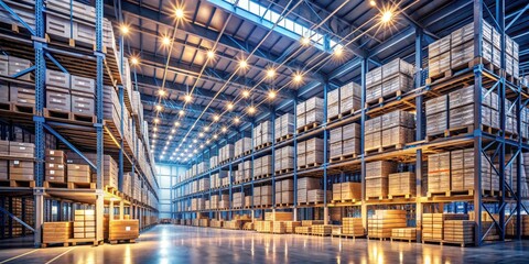 Fototapeta premium Warehouse Storage with Pallets and Boxes - Wide Angle, Cardboard Boxes, Storage, Warehouse, Supply Chain, Inventory, Logistics
