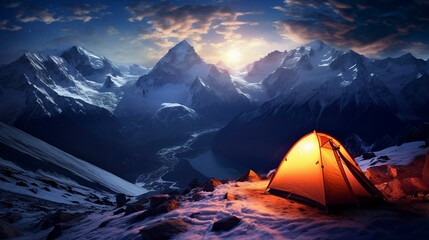 A photo of a campsite with a view of a snowy mountain