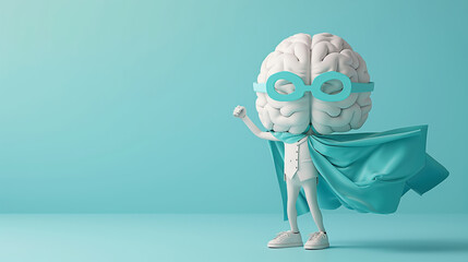 3D Animation of Brain as a superhero in a cape. Strong, healthy and powerful brain. Concept: Improving brain performance through learning, memory and cognitive exercising.