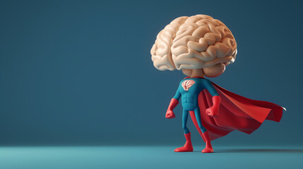 3D Animation of Brain as a superhero in a cape. Strong, healthy and powerful brain. Concept: Improving brain performance through learning, memory and cognitive exercising.