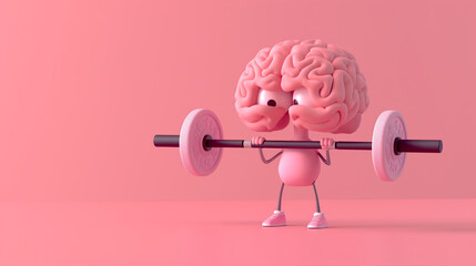Brain Exercises. Colorful 3d animation of Brain Lifts the Barbel, pink background. Concept: Improving brain performance, learning, preventing degenerative brain diseases like dementia or alzheimer. 