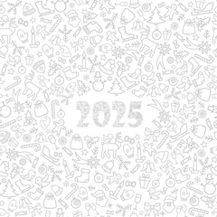 Fototapeta premium Christmas icon holiday background with snowy numbers 2025. Happy New Year Greeting. Noel Line Art Greeting Card with handwritten Lettering 2025
