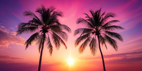 Obraz premium Silhouette of Palm Trees Against a Vibrant Sunset, Palm Tree Silhouette, Sunset, Tropical Paradise