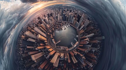 Aerial view of a dense modern cityscape with towering skyscrapers and futuristic urban development in a spherical circular perspective  The image conveys a sense of growth progress