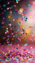 Fototapeta premium Colorful confetti falling against a blurred background during a festive celebration atmosphere