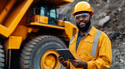 male mining engineer wearing hard hat and safety glasses smiles while holding tablet near heavy machinery. His confident expression reflects pride in his work