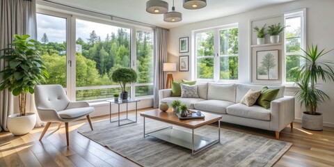 Naklejka premium Modern Living Room with Green Accents, White Sofa, Two Lamps, Gray Rug, Floor to Ceiling Windows, and Wood Floor, living room
