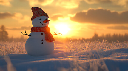 Fototapeta premium A snowman adorned with a scarf and hat standing in a snowy field as the sun sets with a golden-orange glow 