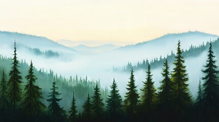 Obraz premium A painting of a misty woodland with coniferous trees in the foreground and a distant mountain in the background