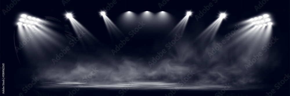 Poster dual spotlights shining down in a dark, misty atmosphere, creating a dramatic stage or stadium effec