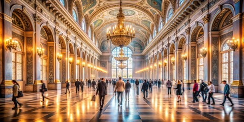 Fototapeta premium Golden Hallway of History A Glimpse of Architectural Grandeur, Composition Wide shot, Image Details People walking in a grand hall with gold-trimmed arches