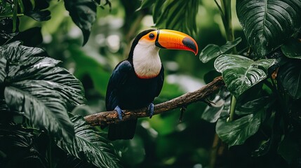 Obraz premium A vivid toucan perched on a tree branch amidst lush green foliage