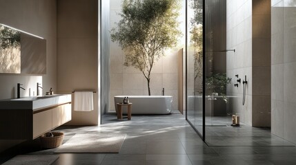 Modern Bathroom with Large Window and Outdoor Courtyard