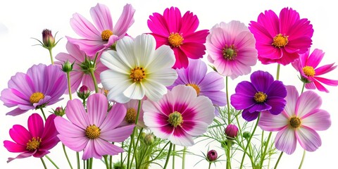 Fototapeta premium Cosmos Flower Bouquet - A Close-Up Perspective of Delicate Pink, White, and Purple Blossoms, Flower Photography, Garden Bloom, Nature Beauty, Cosmos Flowers