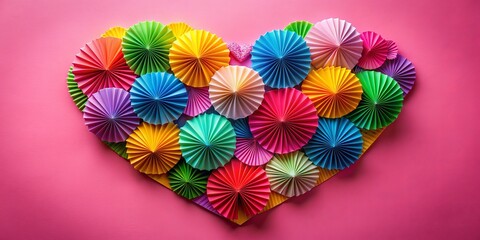 Obraz premium Colorful Paper Fan Heart on Pink Background, paper crafts, paper flowers, heart decoration,