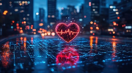 Obraz premium Heartbeat visualization urban cityscape digital art evening rain aesthetic concept