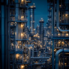 Industrial nightscape pipelines and structures oil refinery urban environment aerial view technological advancement