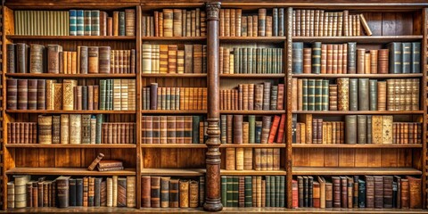 Antique Bookshelf Rows of Worn Leather-Bound Volumes, Library, History, Knowledge, Literature