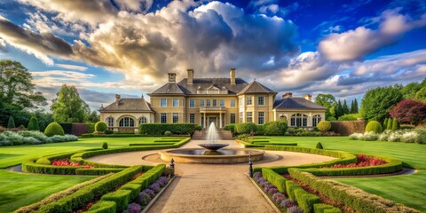 Obraz premium A Grand Estate Under a Dramatic Sky, with a Fountain and a Formal Garden, Architectural Elegance, Landscaping Design, Luxury Home