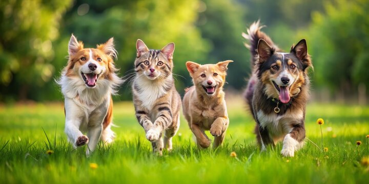 A Cat and Three Dogs Running Through Green Grass, Animal Friends, Happy Pets, Springtime Fun, Dog, Cat, Outdoors