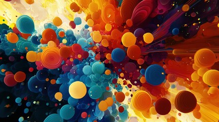   A vibrant abstract canvas with numerous circles at its base and an abundance of bubbles beneath it