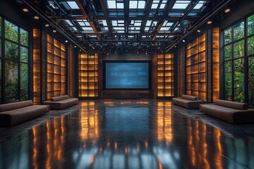a contemporary television studio filled with sleek furniture and a large digital screen in the center, illuminated by soft studio lights reflecting a professional news atmosphere