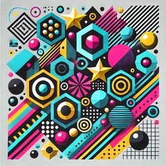 Obraz premium A vibrant abstract design featuring geometric shapes like hexagons, stars, circles, and parallelograms, arranged in an eye-catching and rhythmic pattern